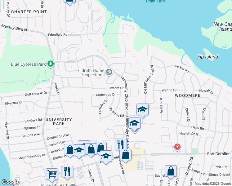 map of restaurants, bars, coffee shops, grocery stores, and more near 6012 Gumwood Drive in Jacksonville