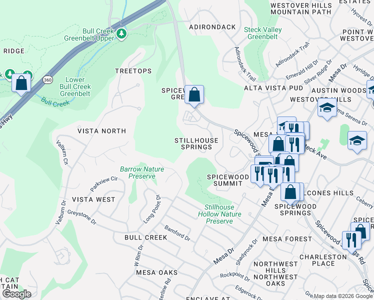 map of restaurants, bars, coffee shops, grocery stores, and more near 7804 W Rim Dr in Austin