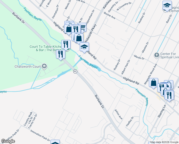 map of restaurants, bars, coffee shops, grocery stores, and more near 7843 Seville Court in Baton Rouge