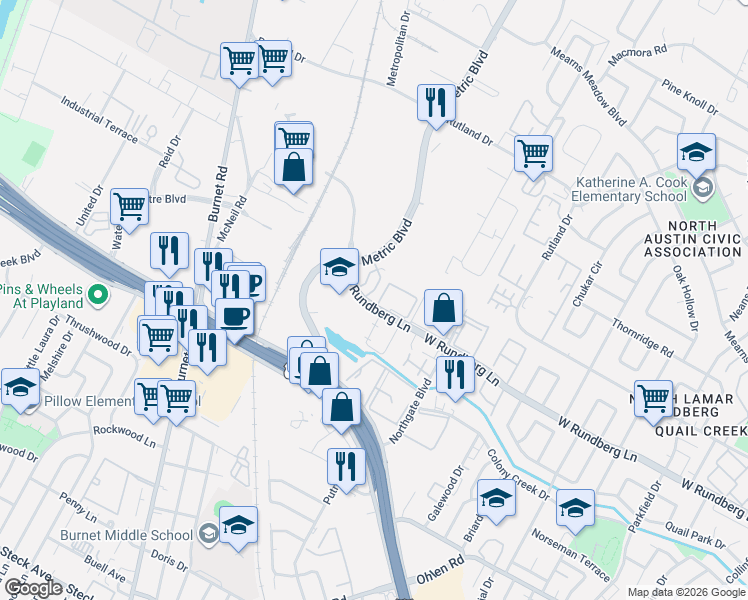 map of restaurants, bars, coffee shops, grocery stores, and more near 20 West Rundberg Lane in Austin