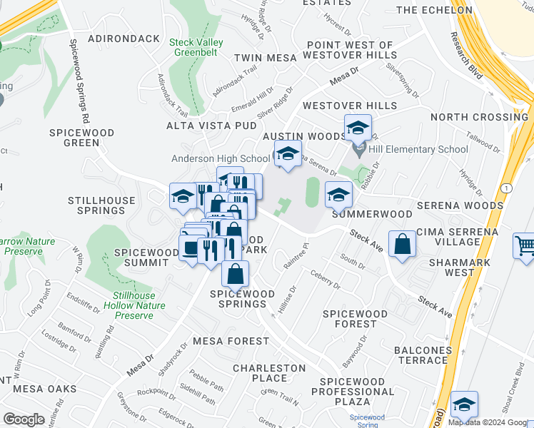 map of restaurants, bars, coffee shops, grocery stores, and more near 4020 Steck Avenue in Austin