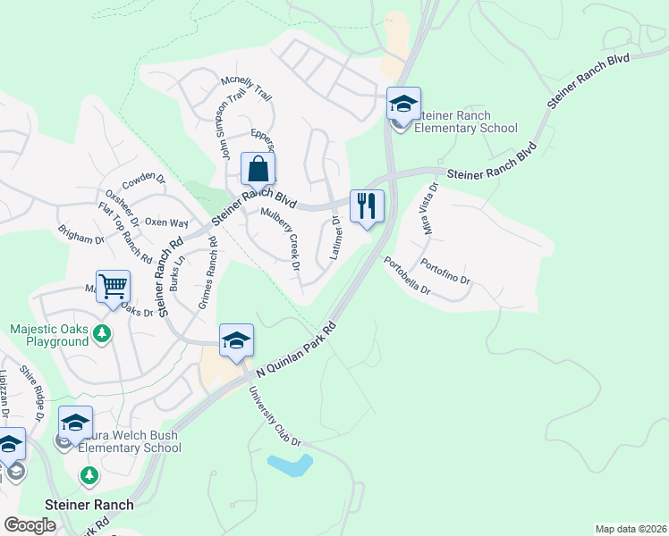map of restaurants, bars, coffee shops, grocery stores, and more near 3600 North Quinlan Park Road in Austin