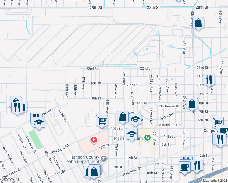 map of restaurants, bars, coffee shops, grocery stores, and more near 1906 44th Avenue in Gulfport