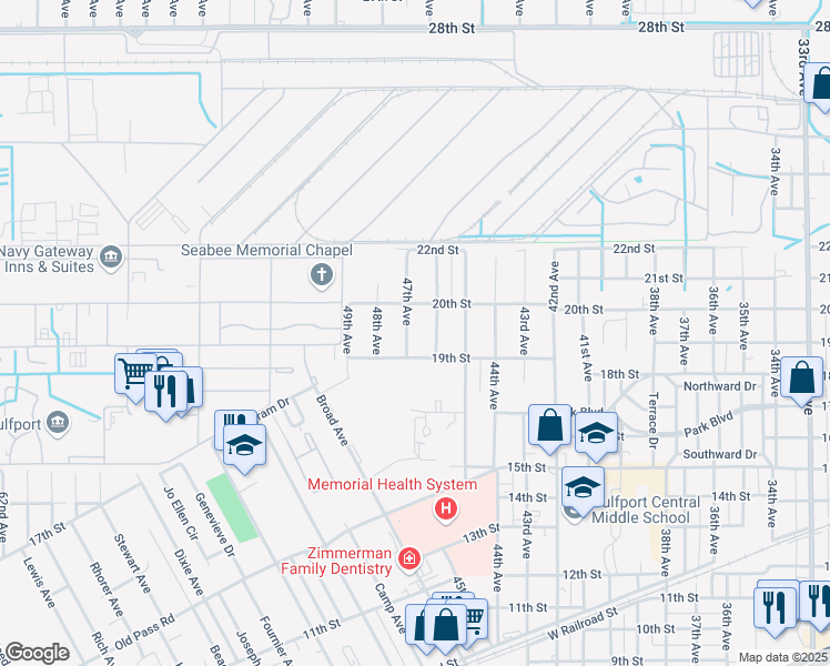 map of restaurants, bars, coffee shops, grocery stores, and more near 1912 47th Avenue in Gulfport