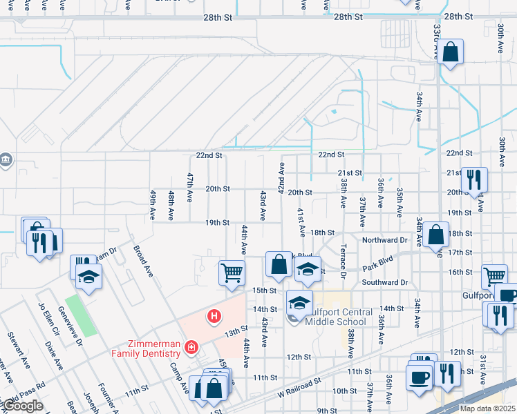 map of restaurants, bars, coffee shops, grocery stores, and more near 1911 43rd Avenue in Gulfport