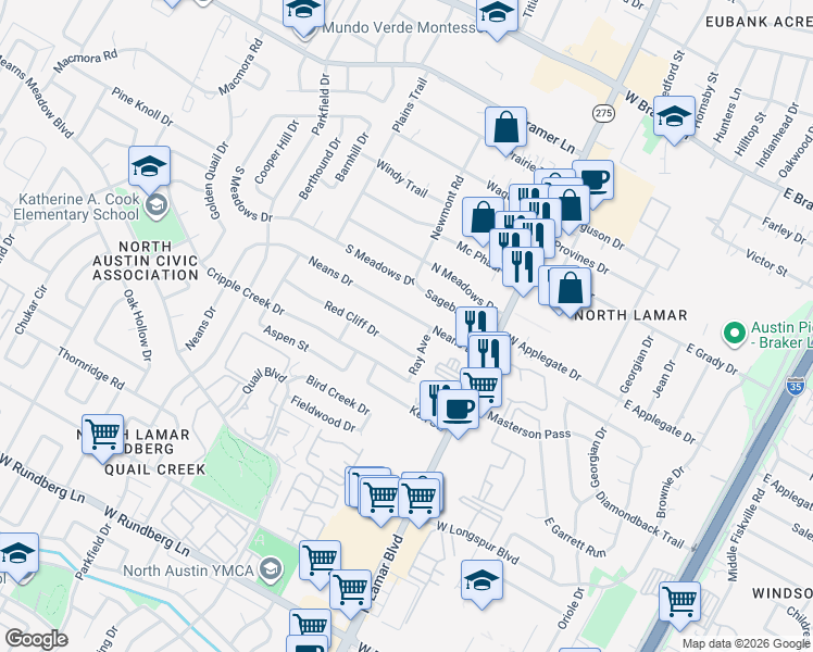 map of restaurants, bars, coffee shops, grocery stores, and more near 908 Red Cliff Drive in Austin
