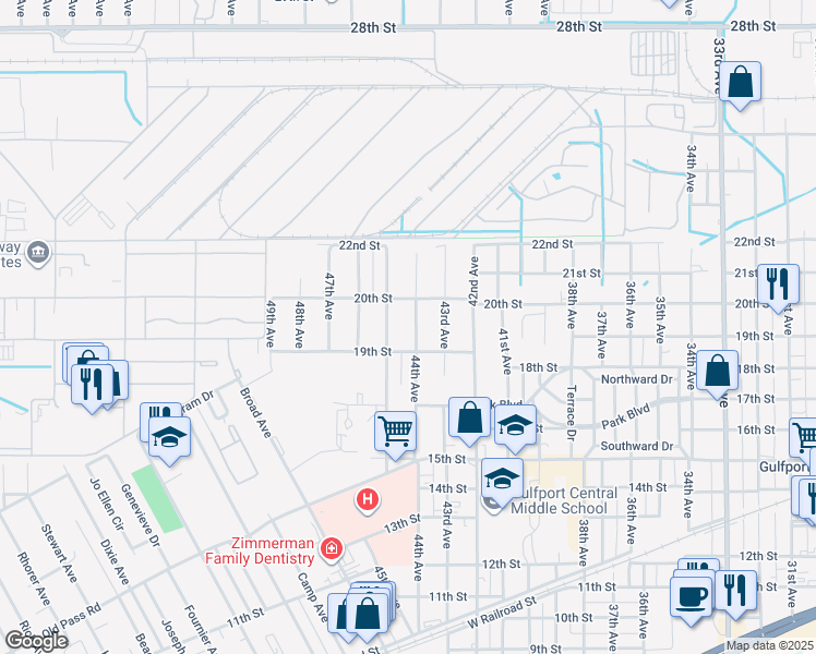 map of restaurants, bars, coffee shops, grocery stores, and more near 1906 44th Avenue in Gulfport