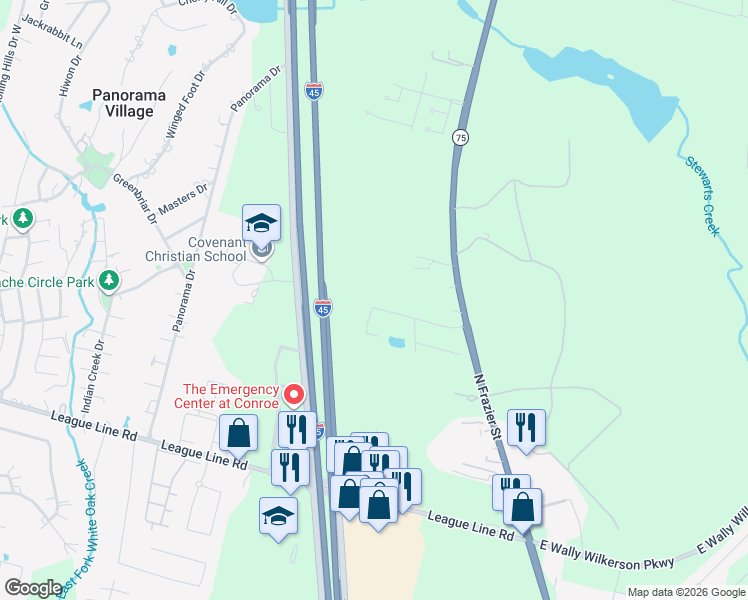 map of restaurants, bars, coffee shops, grocery stores, and more near 5056 Willow Point Drive in Conroe
