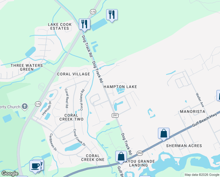 map of restaurants, bars, coffee shops, grocery stores, and more near 9723 Cobblebrook Drive in Pensacola