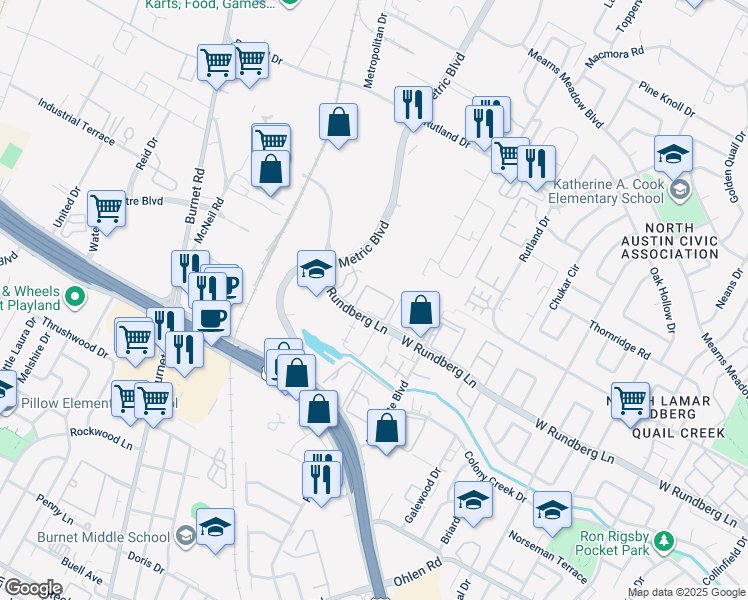 map of restaurants, bars, coffee shops, grocery stores, and more near 1930 West Rundberg Lane in Austin