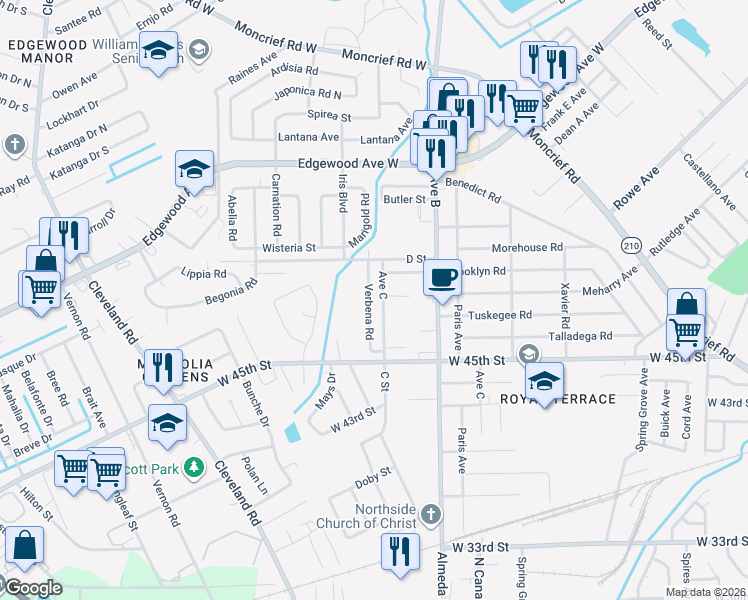 map of restaurants, bars, coffee shops, grocery stores, and more near 5611 Verbena Road in Jacksonville