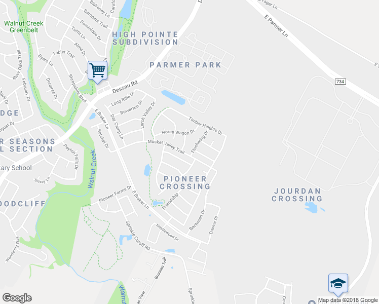 map of restaurants, bars, coffee shops, grocery stores, and more near 11404 Flushwing Drive in Austin