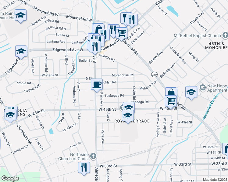 map of restaurants, bars, coffee shops, grocery stores, and more near 2105 Tuskegee Road in Jacksonville
