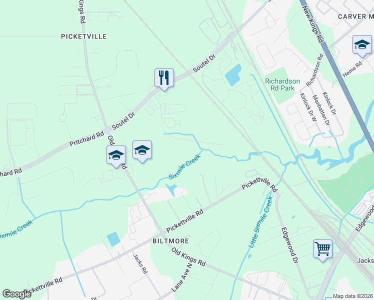 map of restaurants, bars, coffee shops, grocery stores, and more near 5228 Pickett Drive in Jacksonville