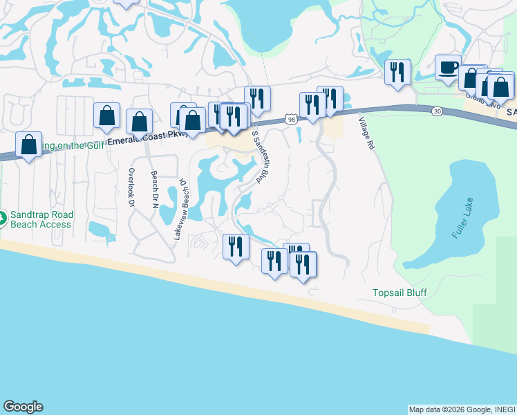 map of restaurants, bars, coffee shops, grocery stores, and more near 5409 Tivoli Terrace Drive in Miramar Beach