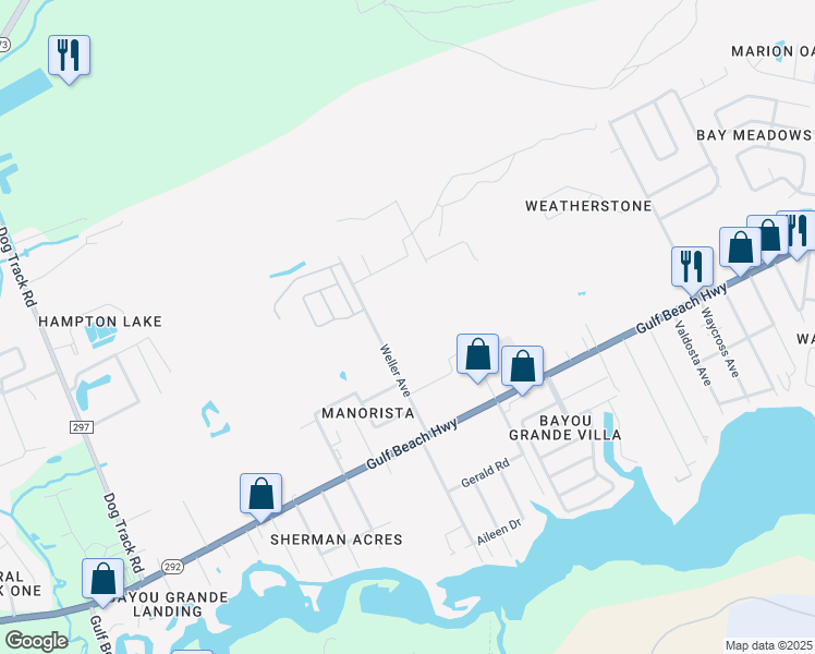 map of restaurants, bars, coffee shops, grocery stores, and more near 2204 Weller Avenue in Pensacola