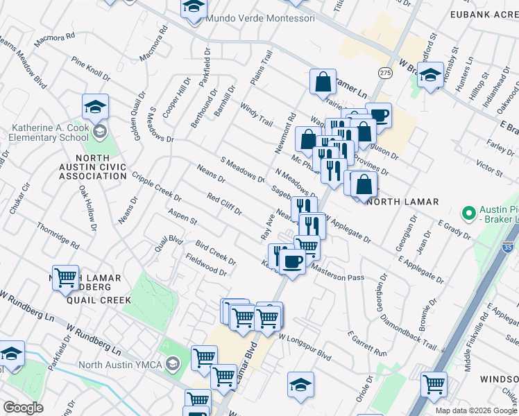 map of restaurants, bars, coffee shops, grocery stores, and more near 908 Red Cliff Drive in Austin