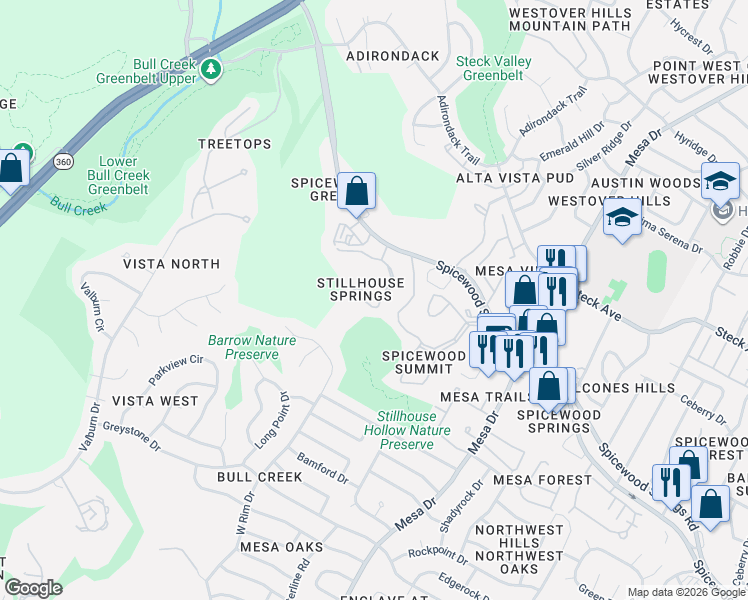 map of restaurants, bars, coffee shops, grocery stores, and more near 4711 Spicewood Springs Road in Austin