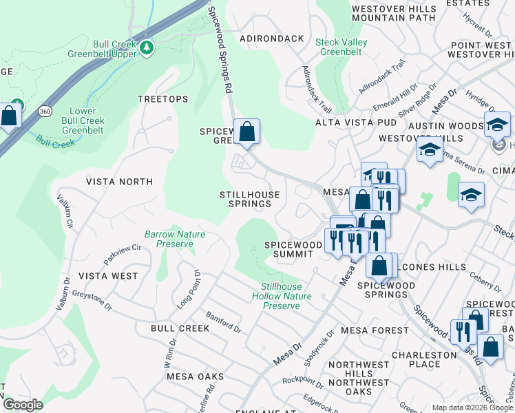 map of restaurants, bars, coffee shops, grocery stores, and more near 4711 Spicewood Springs Road in Austin