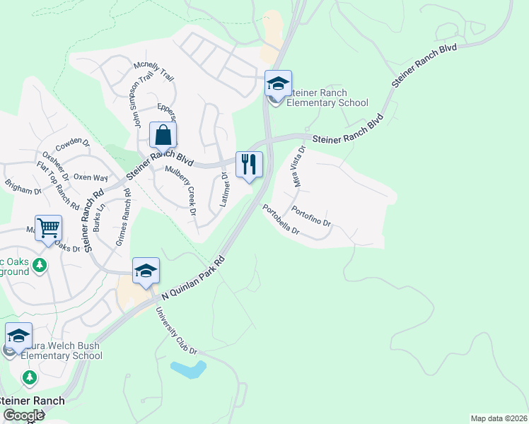 map of restaurants, bars, coffee shops, grocery stores, and more near 12113 Portobella Drive in Austin