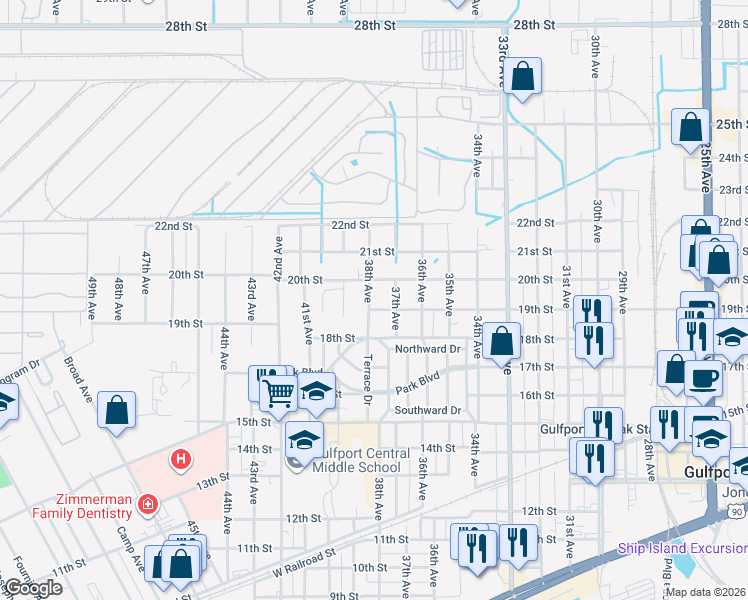 map of restaurants, bars, coffee shops, grocery stores, and more near 3724 19th Street in Gulfport