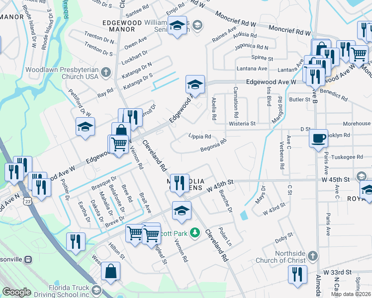 map of restaurants, bars, coffee shops, grocery stores, and more near 5622 Pansy Lane in Jacksonville