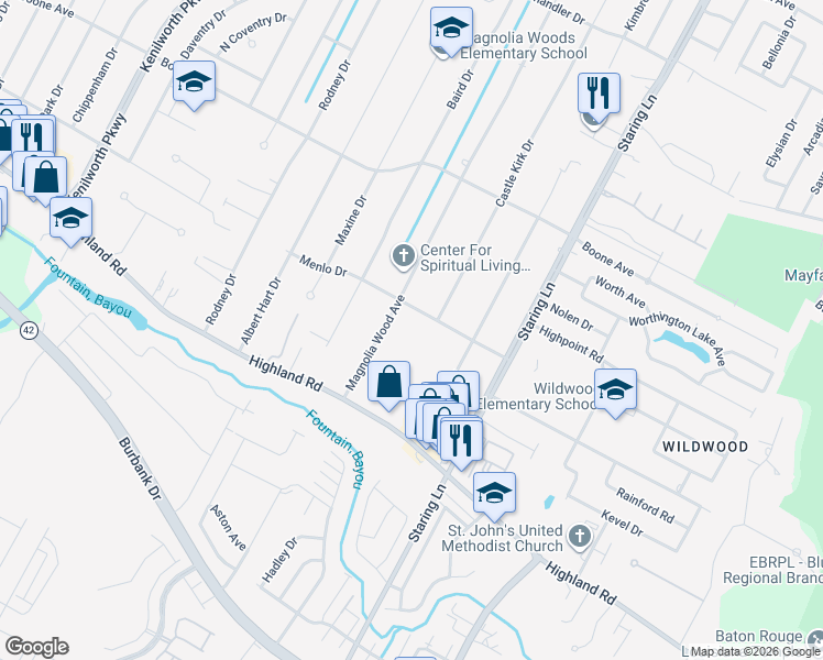 map of restaurants, bars, coffee shops, grocery stores, and more near 264 Magnolia Wood Avenue in Baton Rouge