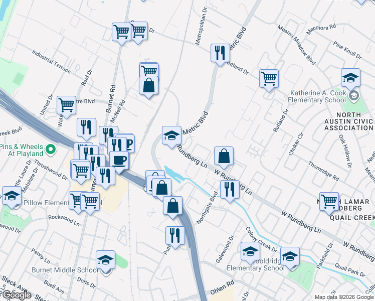 map of restaurants, bars, coffee shops, grocery stores, and more near 20 West Rundberg Lane in Austin