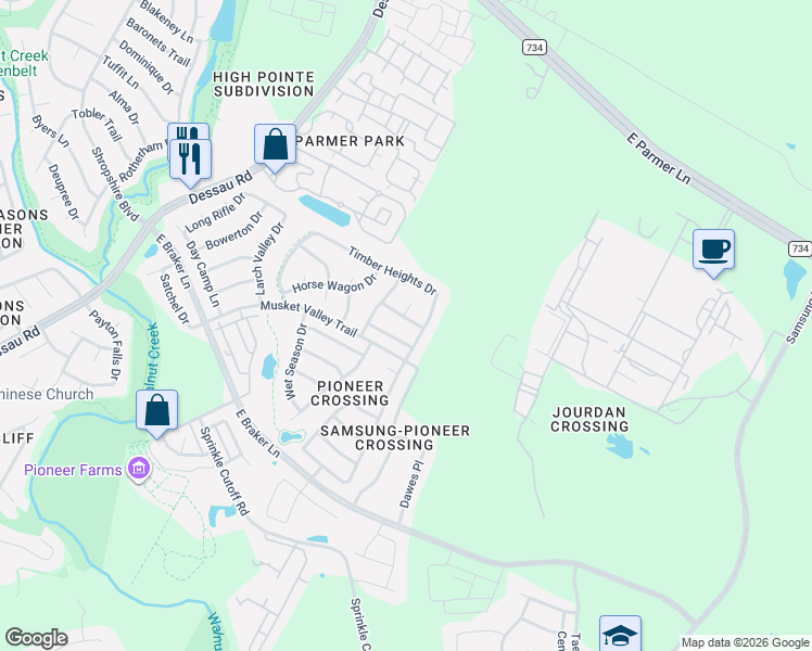 map of restaurants, bars, coffee shops, grocery stores, and more near 2129 Oltons Bluff Drive in Austin