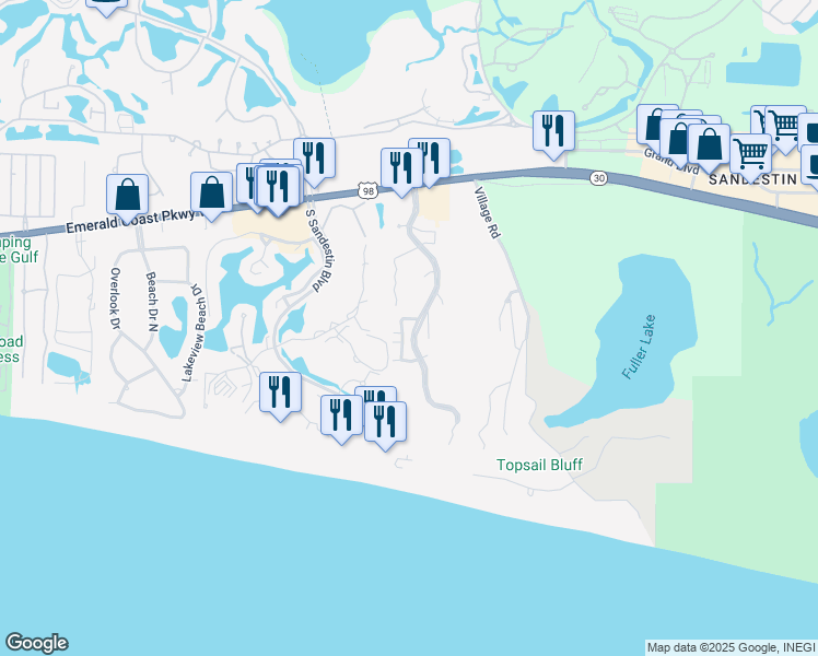 map of restaurants, bars, coffee shops, grocery stores, and more near 148 Captiva Circle in Miramar Beach