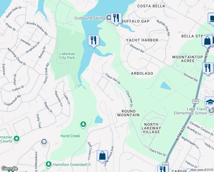 map of restaurants, bars, coffee shops, grocery stores, and more near 310 North Round Mountain Drive in Lakeway