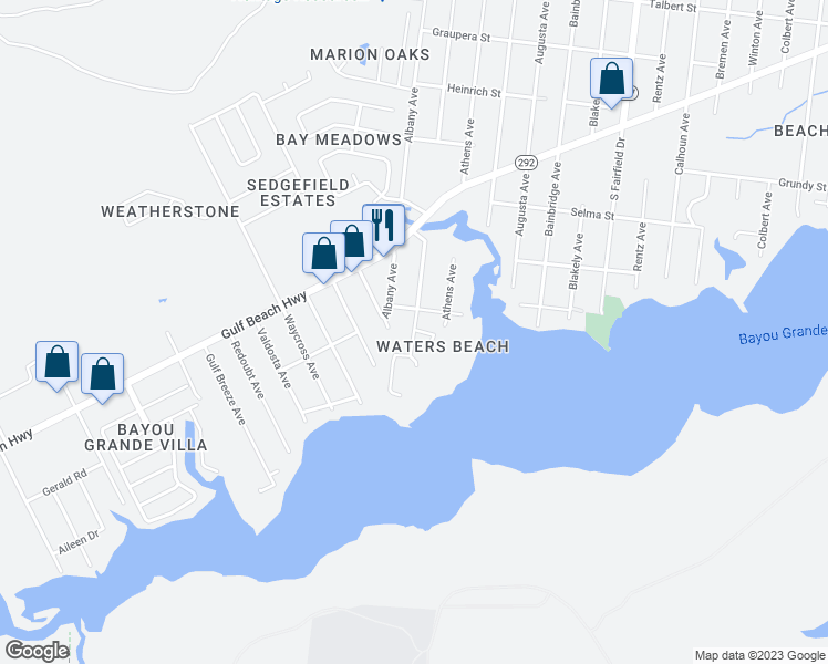 map of restaurants, bars, coffee shops, grocery stores, and more near 2256 Americus Avenue in Pensacola