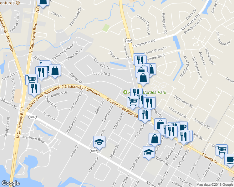 map of restaurants, bars, coffee shops, grocery stores, and more near 122 Lisa Lane in Mandeville