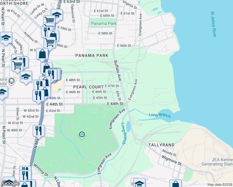 map of restaurants, bars, coffee shops, grocery stores, and more near 5435 Alta Street in Jacksonville