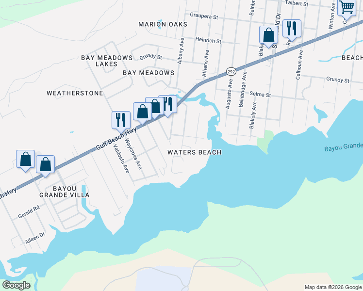 map of restaurants, bars, coffee shops, grocery stores, and more near 2256 Americus Avenue in Pensacola