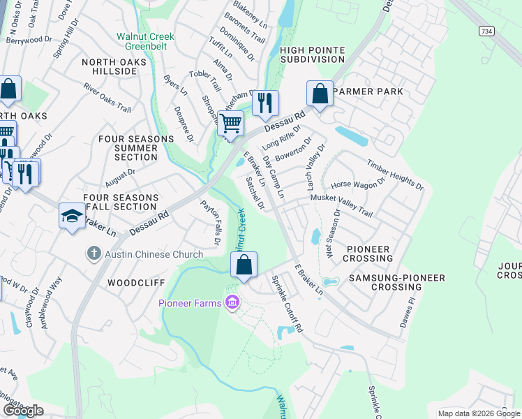 map of restaurants, bars, coffee shops, grocery stores, and more near 11400 Musket Valley Trail in Austin