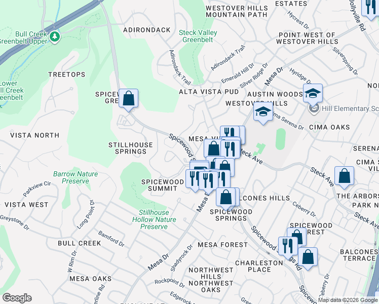 map of restaurants, bars, coffee shops, grocery stores, and more near 4413 Spicewood Springs Road in Austin