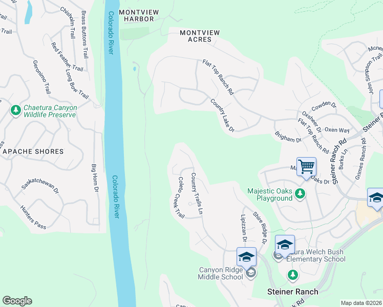map of restaurants, bars, coffee shops, grocery stores, and more near 13405 Country Trails Lane in Austin