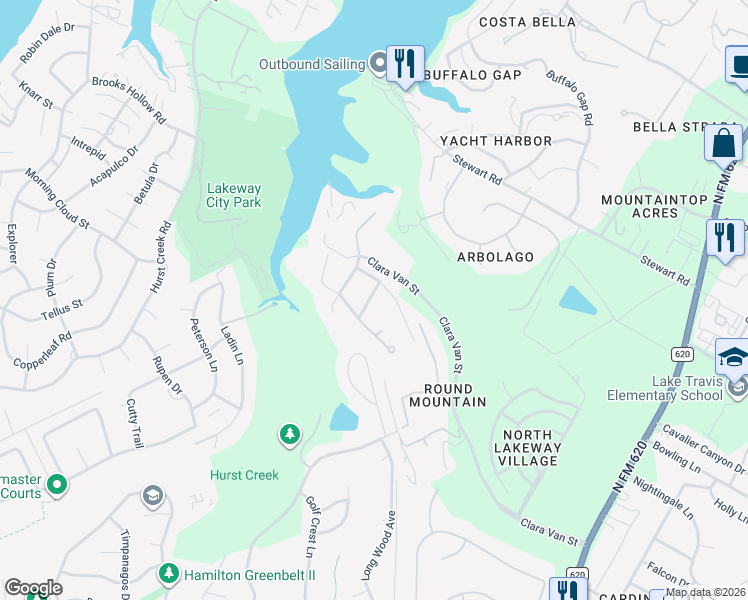map of restaurants, bars, coffee shops, grocery stores, and more near 310 North Round Mountain Drive in Lakeway