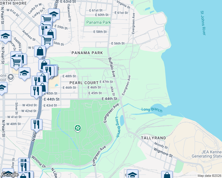 map of restaurants, bars, coffee shops, grocery stores, and more near 5435 Alta Street in Jacksonville