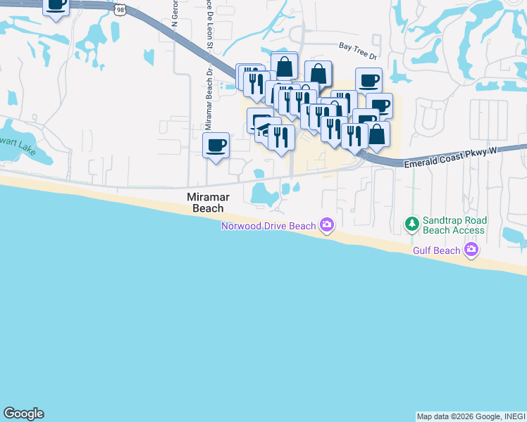 map of restaurants, bars, coffee shops, grocery stores, and more near 140 Monaco Street in Miramar Beach