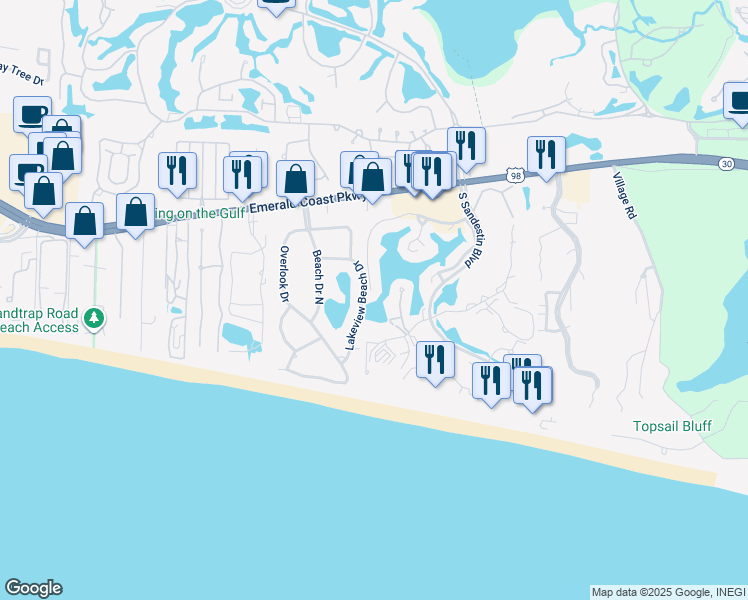 map of restaurants, bars, coffee shops, grocery stores, and more near 5206 Beachwalk Drive in Destin