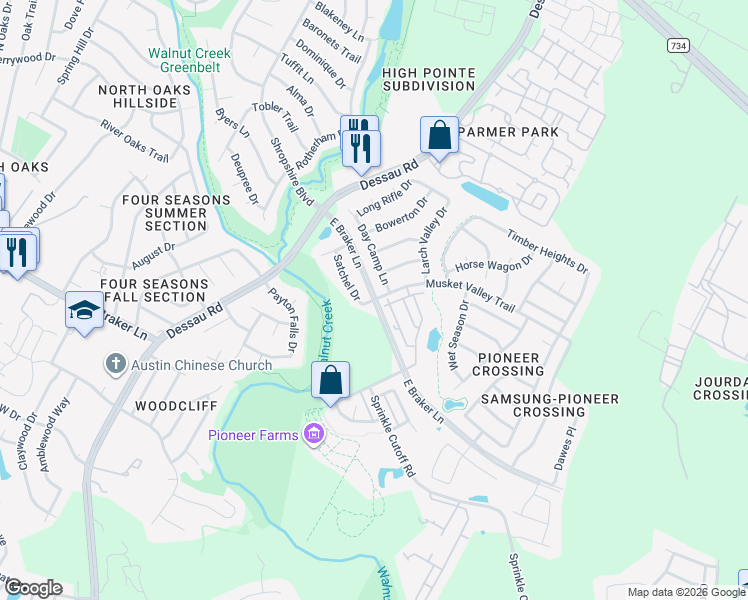 map of restaurants, bars, coffee shops, grocery stores, and more near E Braker Ln in Austin