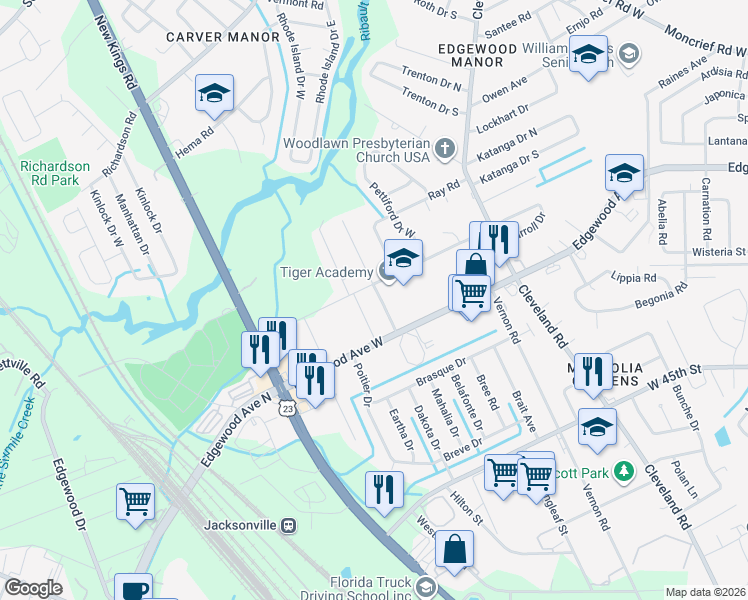 map of restaurants, bars, coffee shops, grocery stores, and more near 6026 Bagley Road in Jacksonville
