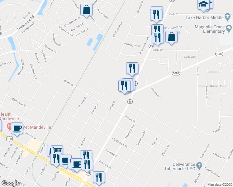 map of restaurants, bars, coffee shops, grocery stores, and more near 2050 Spartan Drive in Mandeville