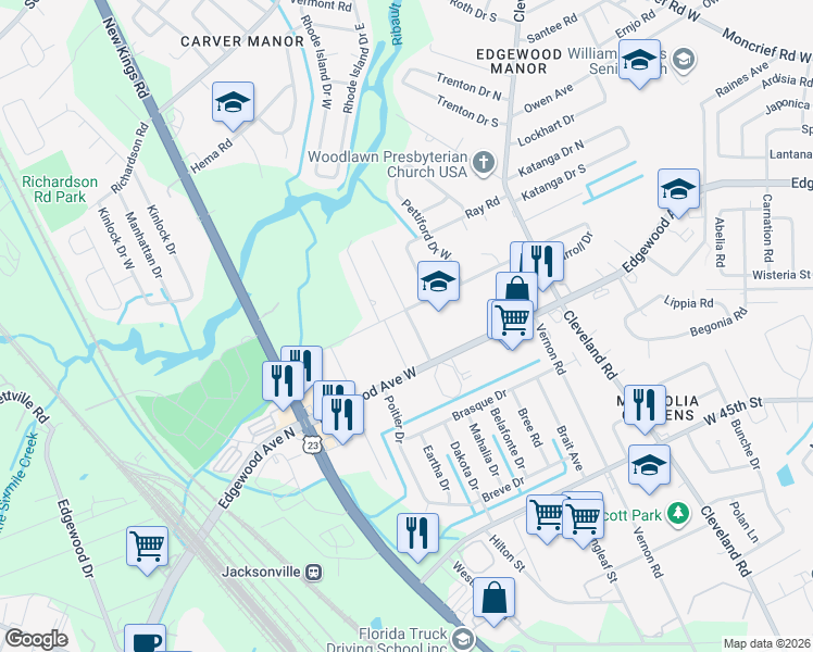 map of restaurants, bars, coffee shops, grocery stores, and more near 6026 Bagley Road in Jacksonville