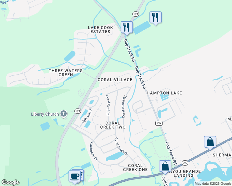 map of restaurants, bars, coffee shops, grocery stores, and more near 2131 Coral Creek Drive in Pensacola