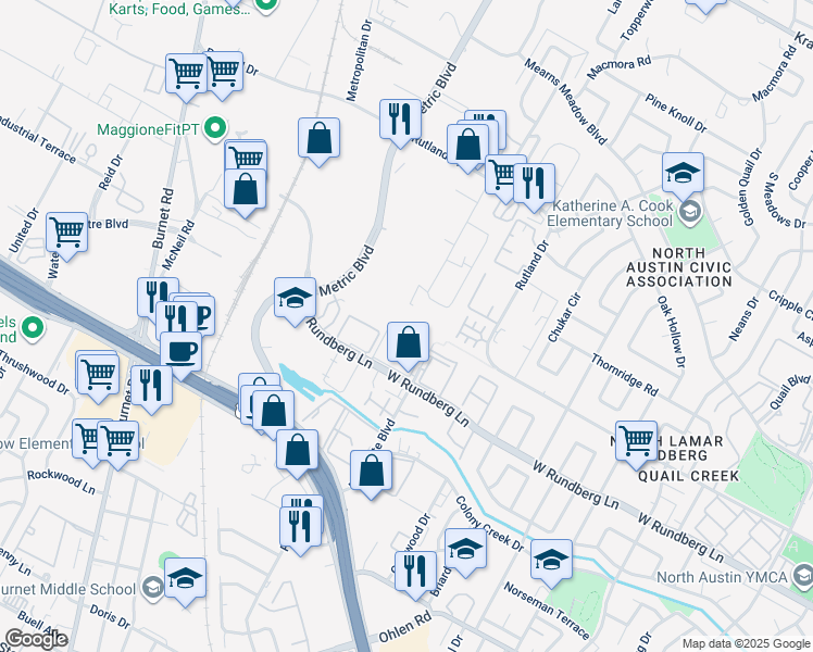 map of restaurants, bars, coffee shops, grocery stores, and more near 9300 Northgate Boulevard in Austin