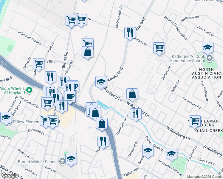 map of restaurants, bars, coffee shops, grocery stores, and more near 20 West Rundberg Lane in Austin