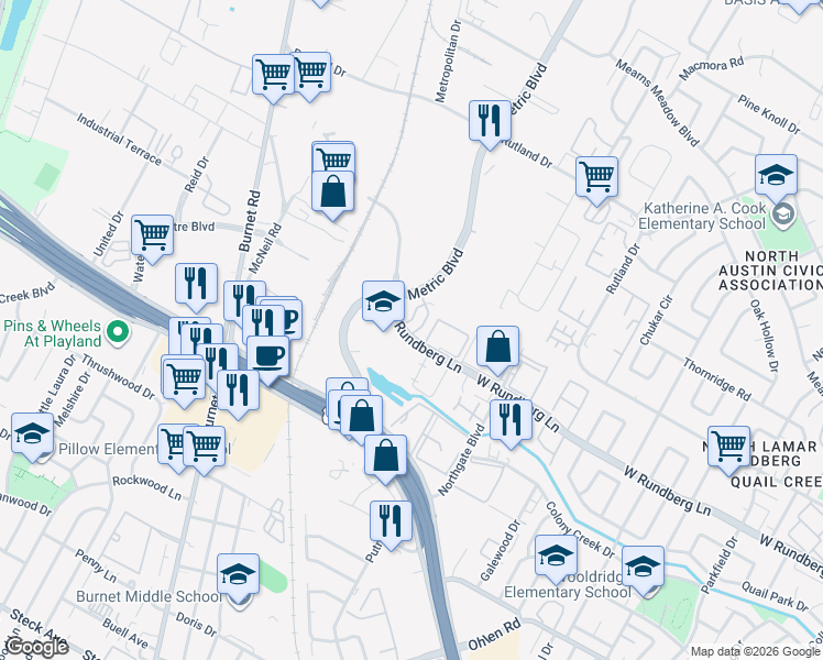 map of restaurants, bars, coffee shops, grocery stores, and more near 20 West Rundberg Lane in Austin